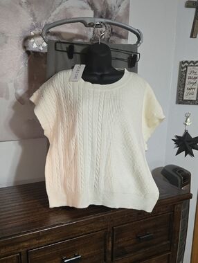 DoubleTake Cable Knit Short Sleeve Sweater - Cream XL